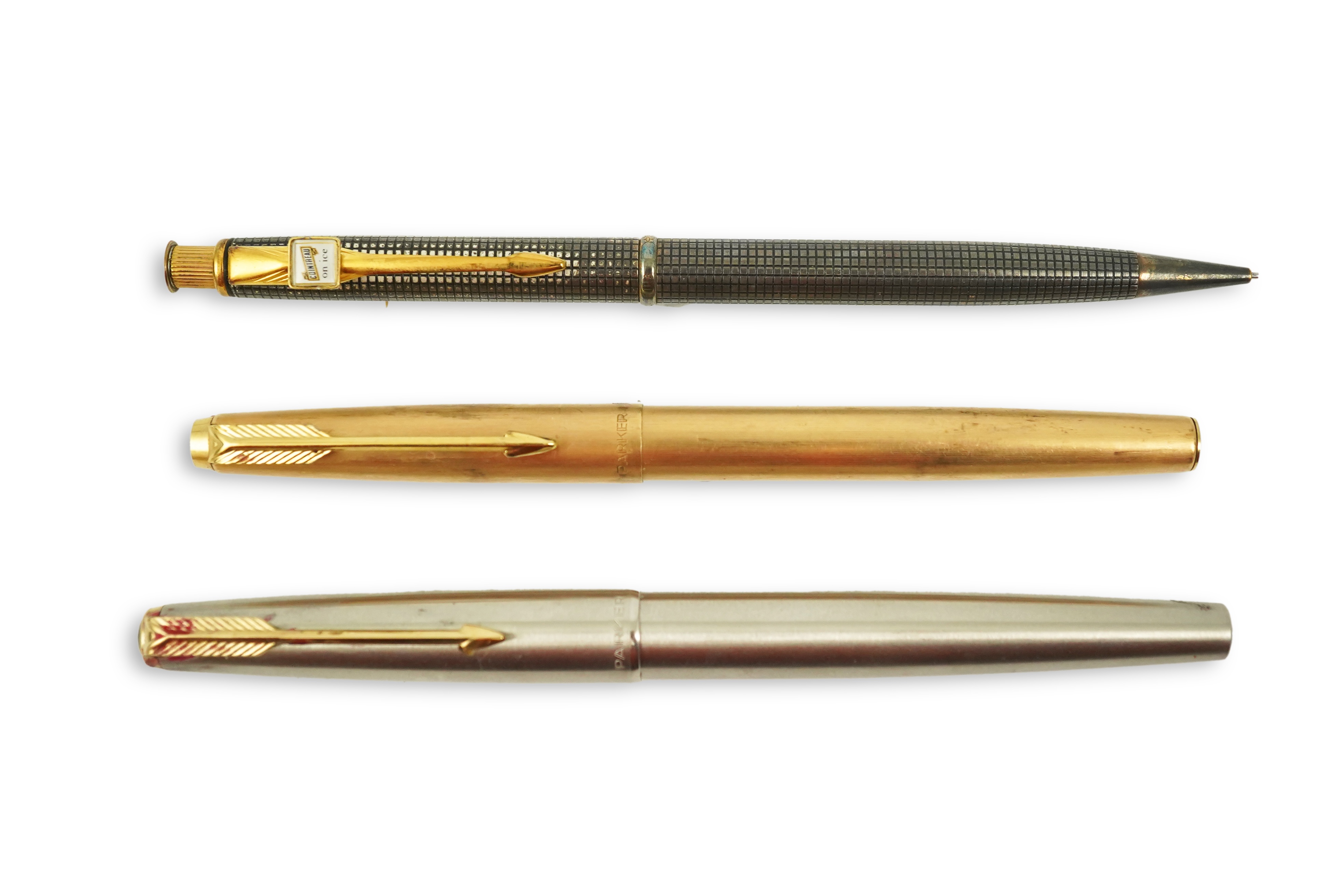 A Cross advertising propelling pencil, Cointreau on ice, a Parker felt tip cartridge pen and a cased Parker stainless steel pen. Condition - poor to fair